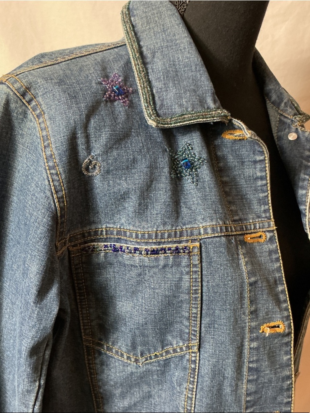 Chico's Blue Denim Jean Jacket with Colorful Mermaid Embroidery - Picture 4 of 7